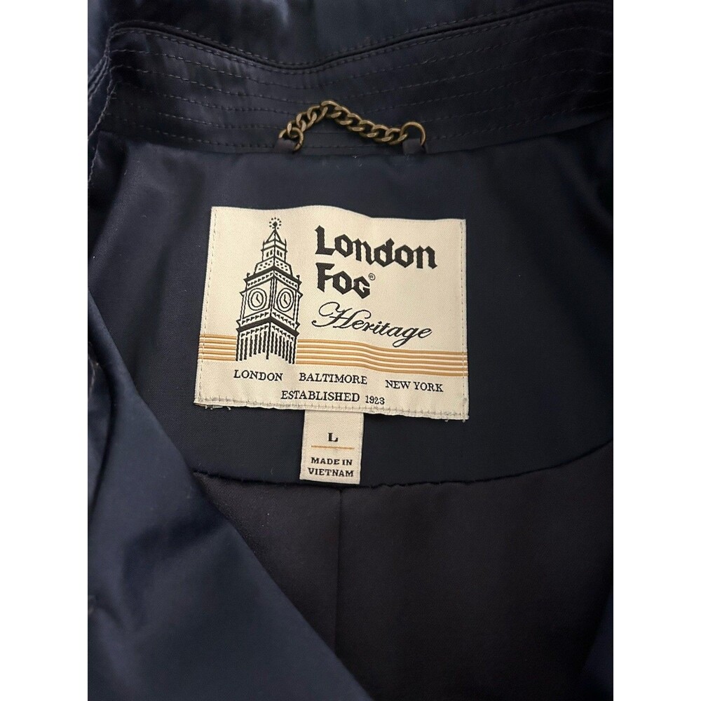 London Fog Heritage Double Breasted Belted Trench Dark Blue Satin Sheen Size L - Picture 13 of 16